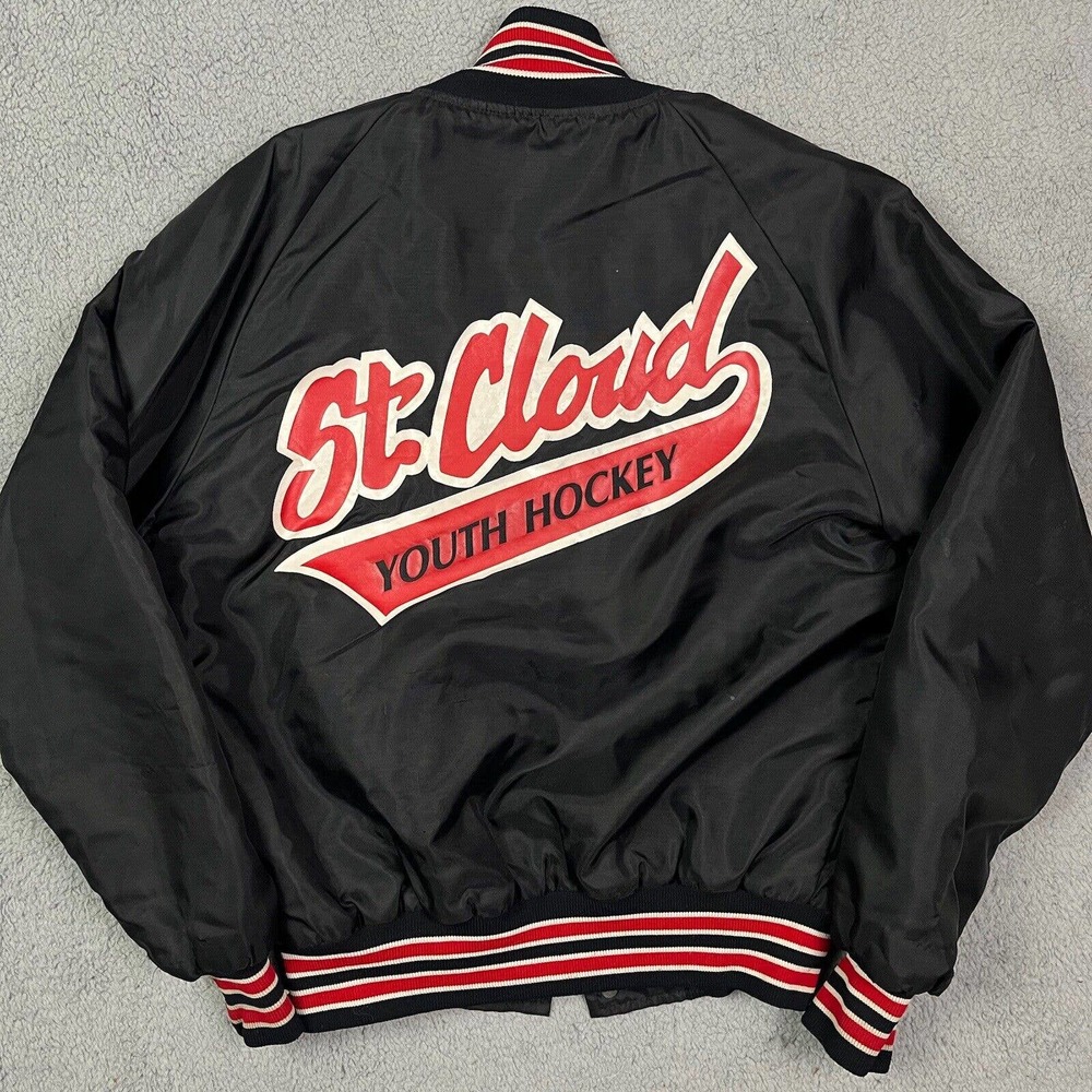 Vintage‎ St Cloud Youth Hockey Jacket Satin Black Coat SCYHA Minnesota MN Size L
